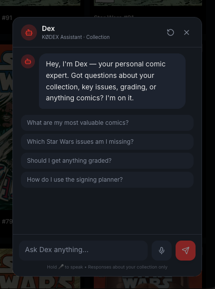 DEX, the KØDEX AI intelligence agent, answering personalized collection questions