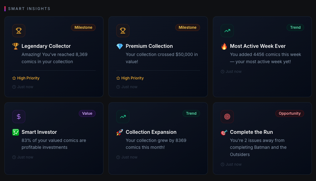 KØDEX Smart Insights showing milestone alerts, trend analysis, and collection intelligence